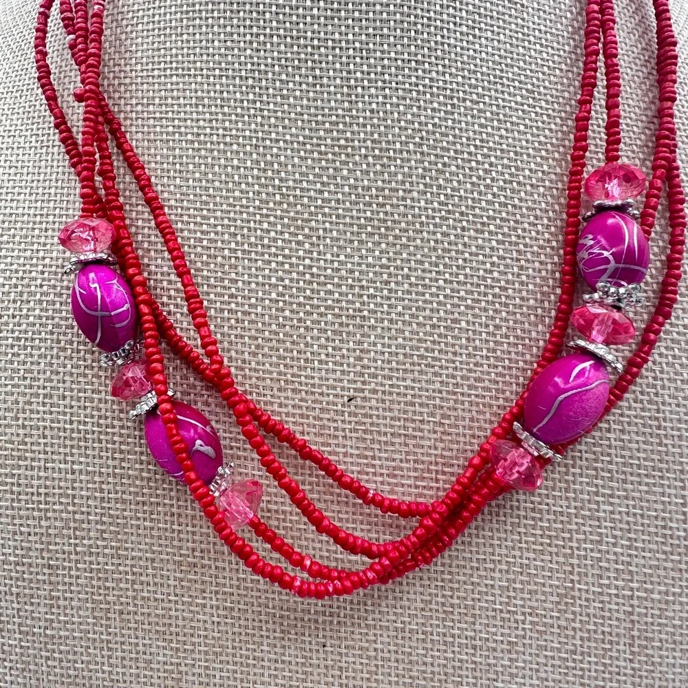Vintage Y2K Silver Tone Multi Strand Red & Pink Beaded Necklace Jewelry
